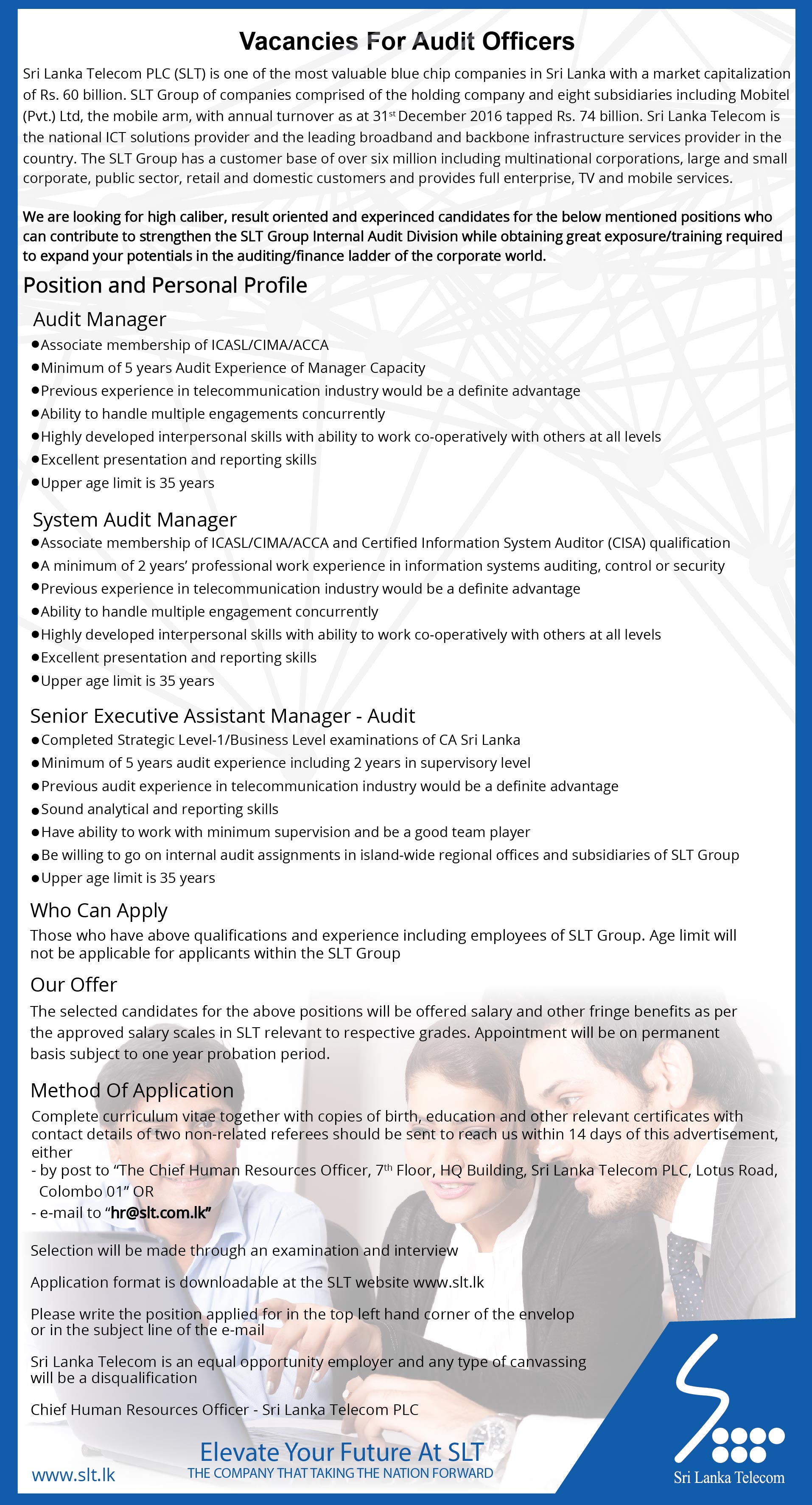 Audit Manager, System Audit Manager, Senior Executive Assistant Manager (Audit) - Sri Lanka Telecom